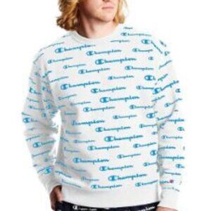 Champion Powerblend AOP Script Crewneck Sweatshirt Size Large